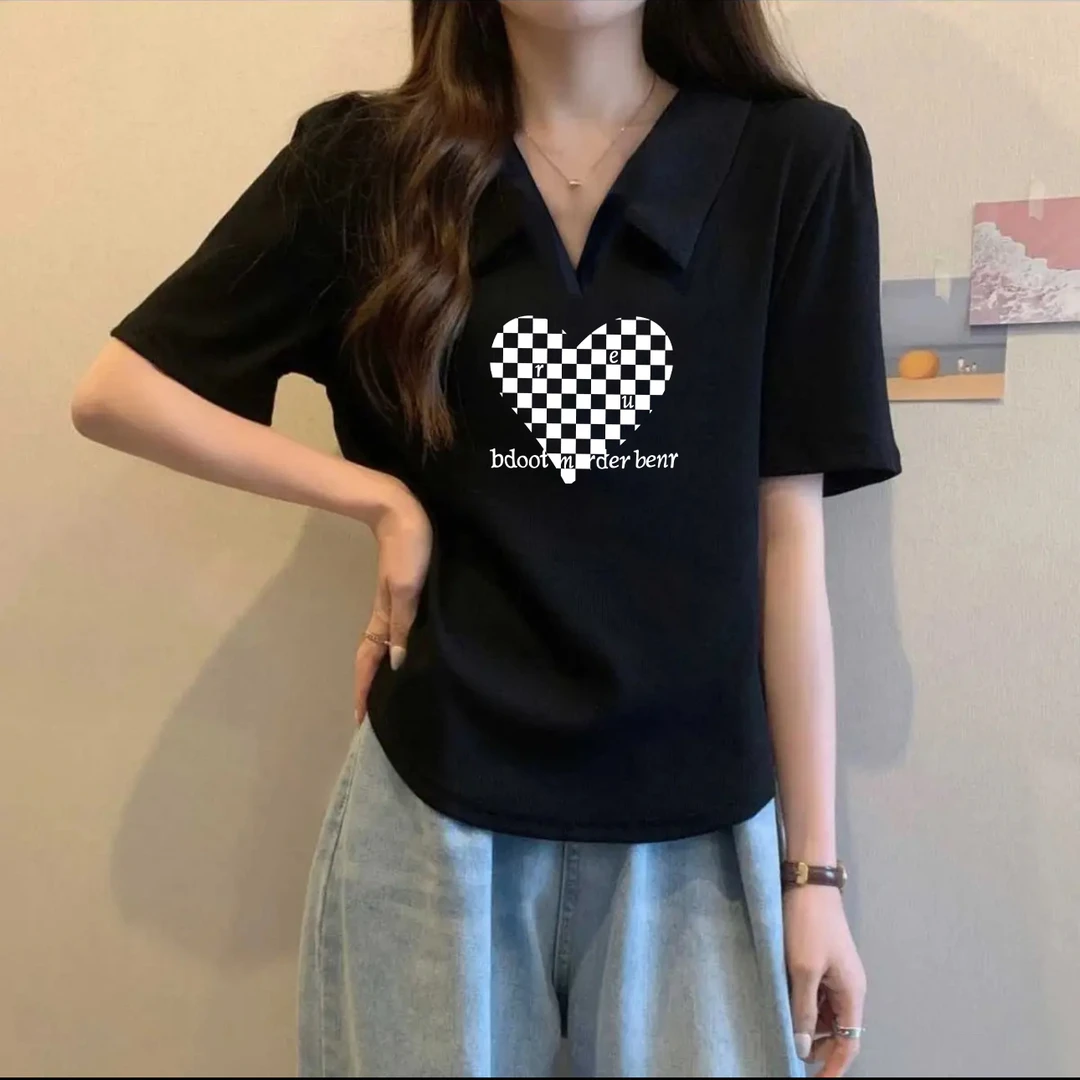 黑色显瘦圆弧下摆设计T恤2025夏季新款POLO领短袖简约印花款上衣
