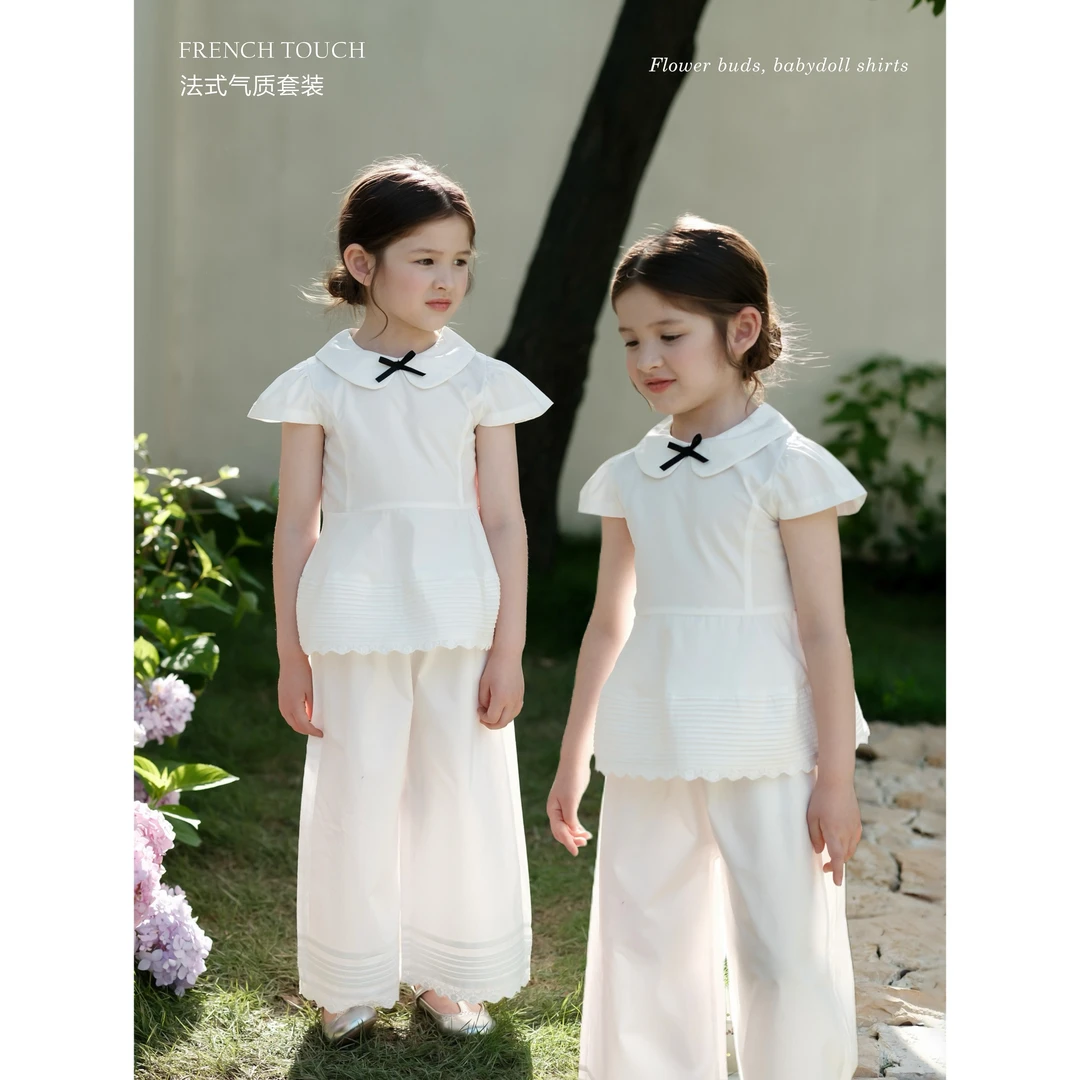 SonnyKids 女童法式气质娃娃领上衣休闲蕾丝花边宽松阔腿裤套装夏
