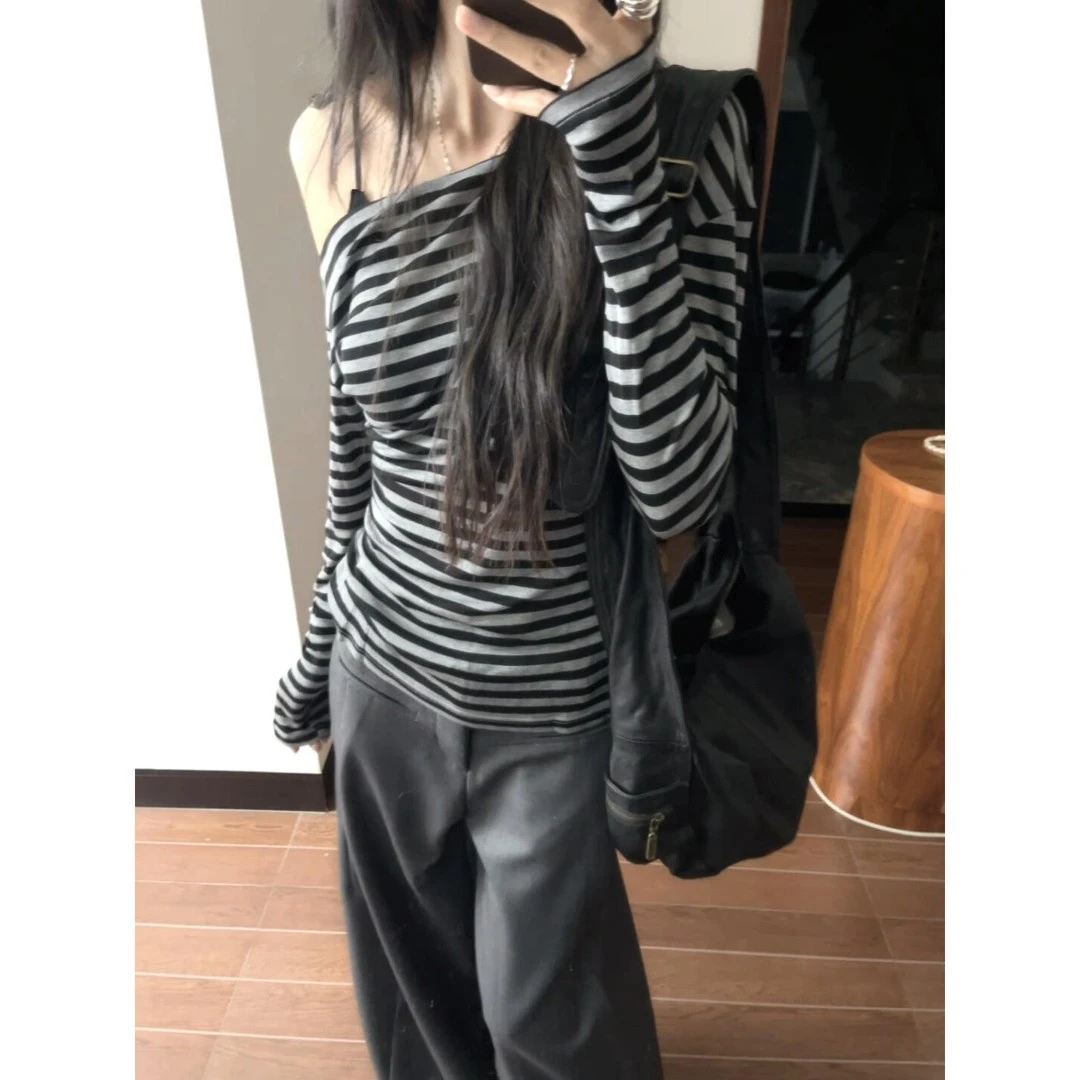 复古撞色条纹斜肩时尚长袖T恤女早秋季美式hiphop设计感打底上衣
