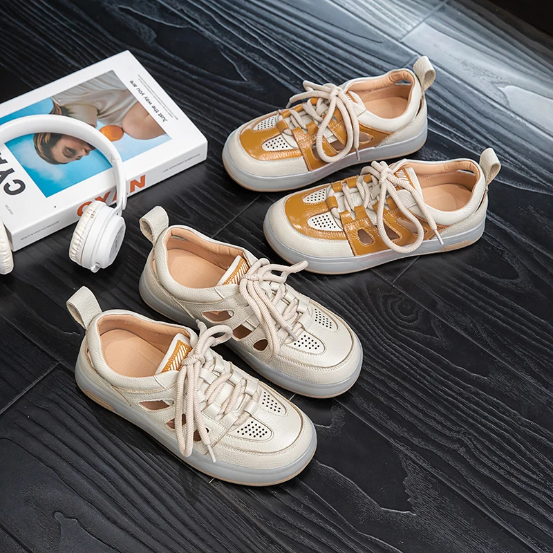新款真皮百搭透气低帮镂空单鞋夏季厚底学生潮流时尚休闲鞋 8156