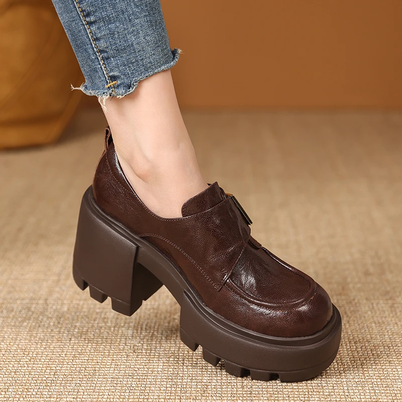 轻便防滑厚底小皮鞋8cm粗跟系带英伦风深口单鞋女舒适圆头高跟鞋