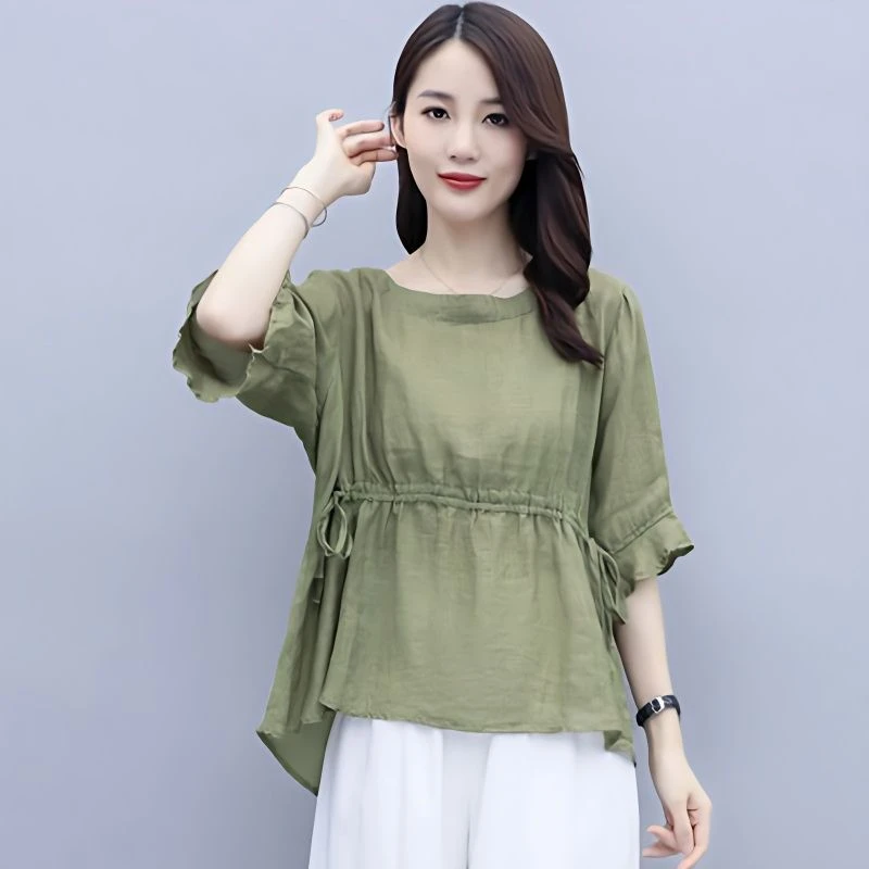 棉麻衬衫女夏季新款宽松圆领套头抽绳韩版遮肚子显瘦荷叶边上衣女