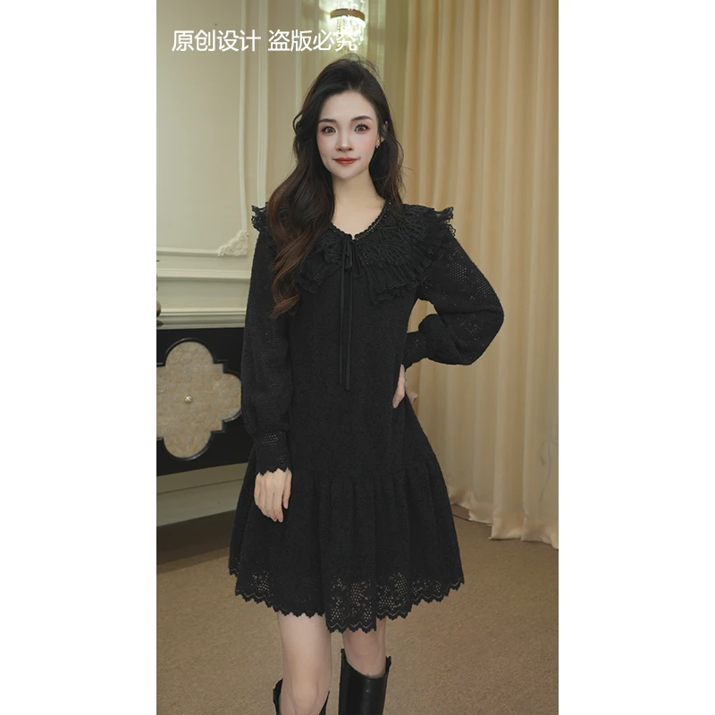 逸焰【宁宁】秋冬季新款黑色显瘦设计感花朵时尚女装连衣裙子-90688