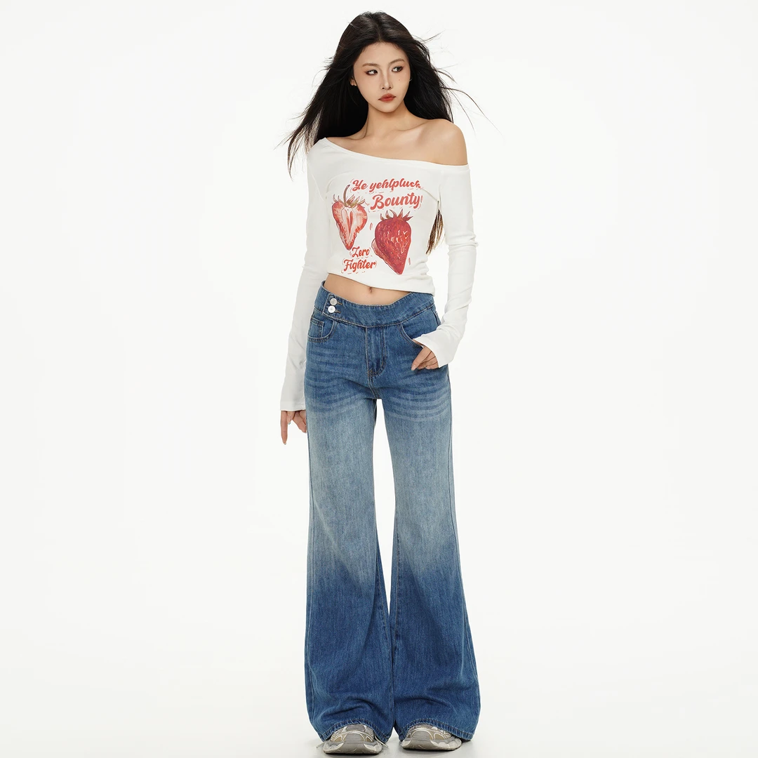 OHMH【高光牛仔】渐变色高腰微辣阔腿牛仔裤女早春夏绑带纽扣显瘦