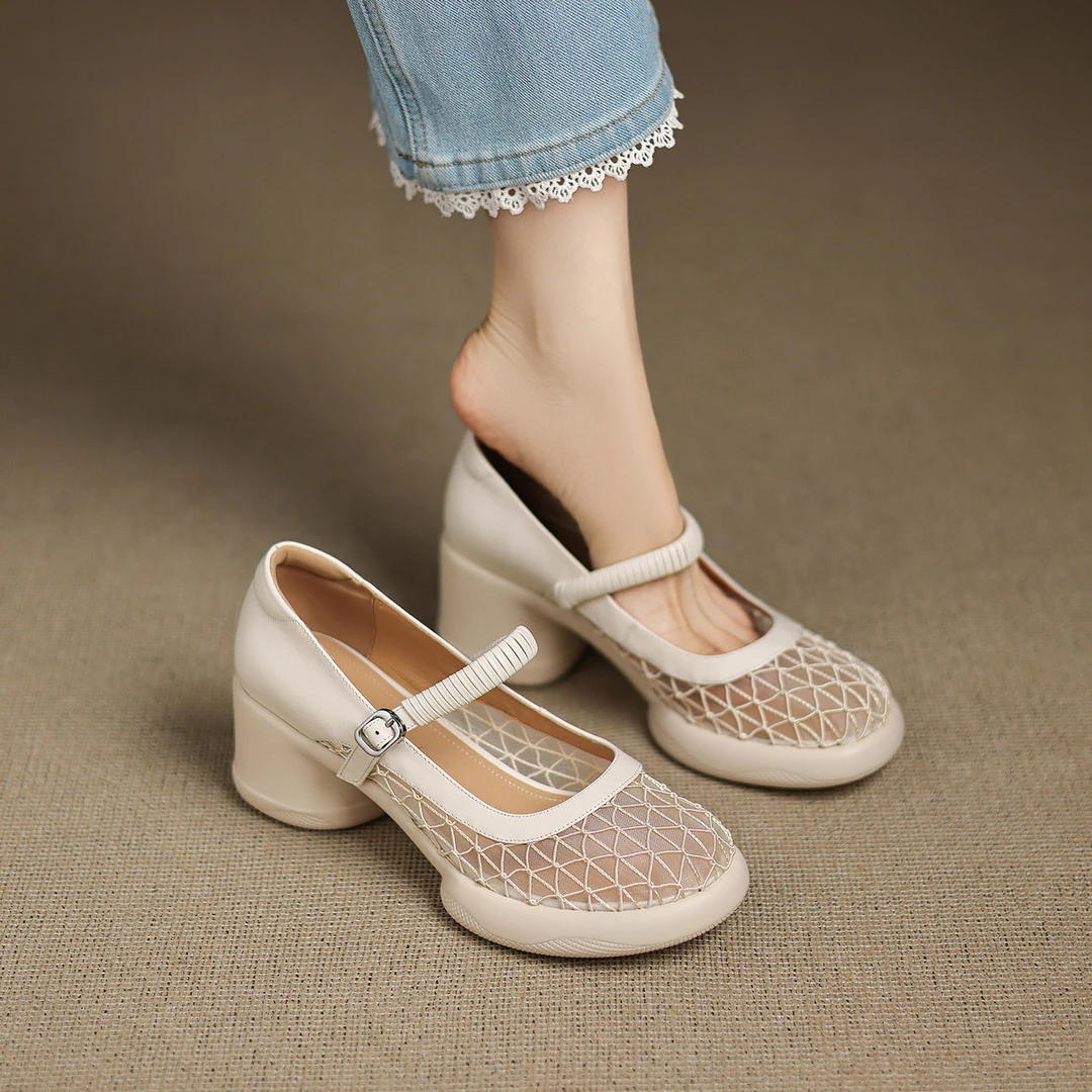 静音6cm~时光荏苒新款编织包头凉鞋女夏季外穿时尚网纱法式高跟鞋