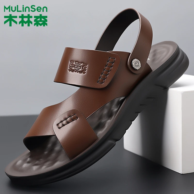 木林森凉鞋男夏季新款沙滩鞋男开车防滑外穿男款男士牛皮凉拖鞋