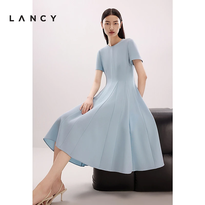 【醋酸】LANCY/朗姿2025夏季新款法式收腰A字气质短袖显瘦连衣裙