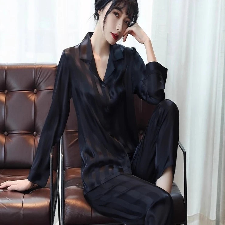 tpvl【方圆同款推荐】条纹睡衣女春秋长袖家居服套装黑色高级感网红