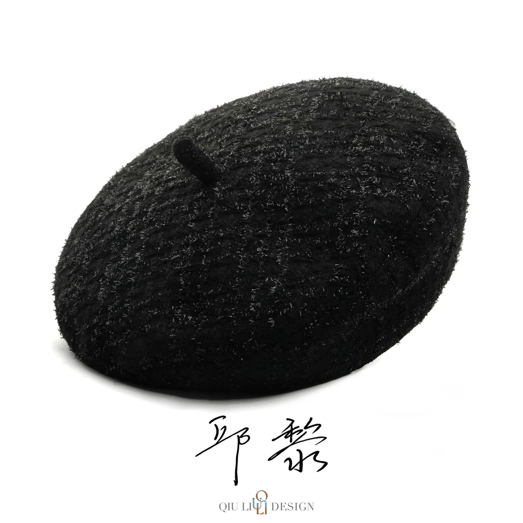黑色亮闪闪光感秋冬带啾啾贝雷帽 雪雪1561