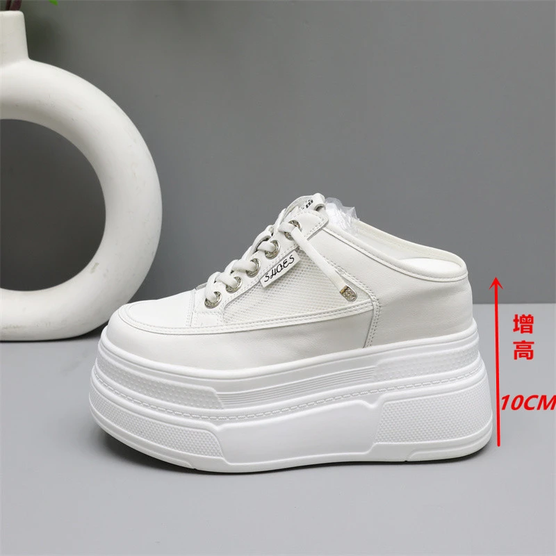 网红小白鞋女包头半拖鞋女厚底内增高10cm2025夏季网面透气懒人鞋