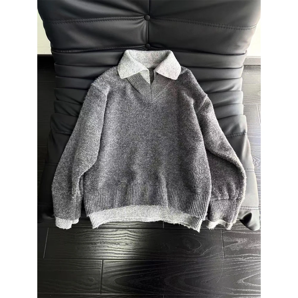 老钱风假两件衬衫领毛衣男冬季慵懒风针织衫美式复古潮牌情侣外套