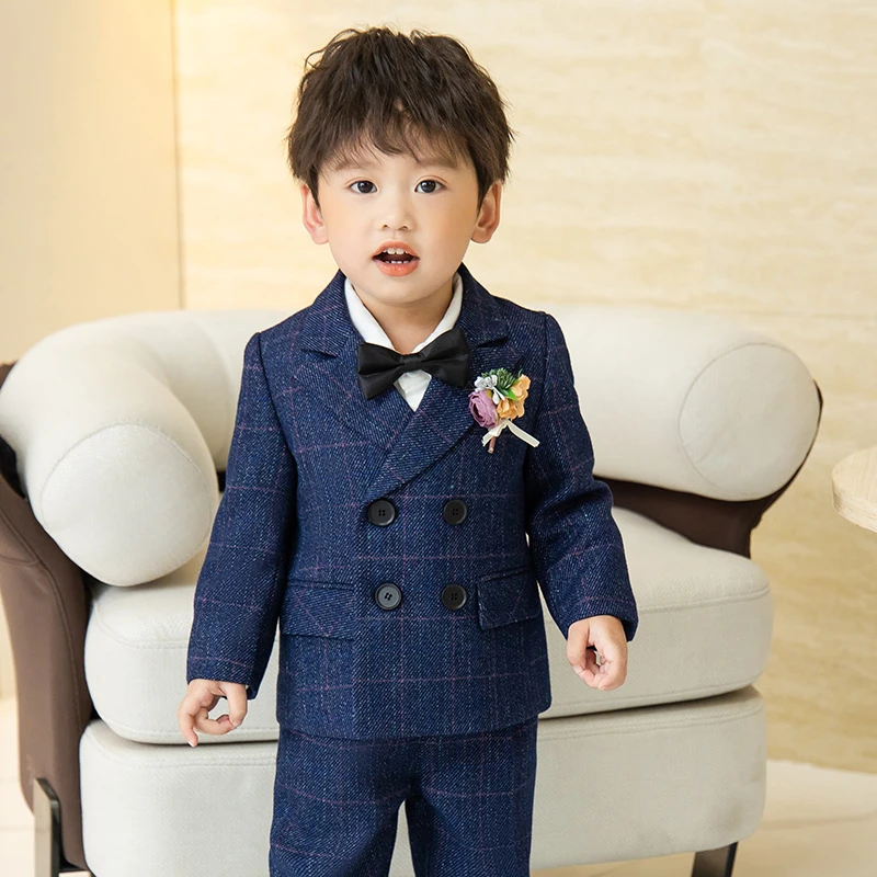 儿童礼服秋款英伦风格子西装两件套男宝宝花童婚礼周岁摄影服套装