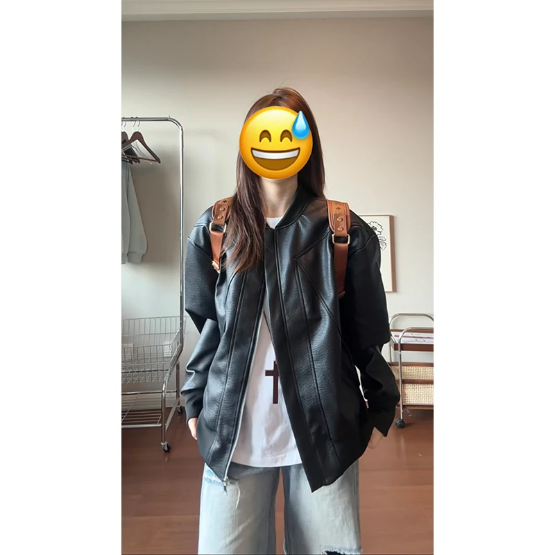 复古裂纹皮短款外套男秋季高街百搭廓形立领潮流美式机皮衣夹克