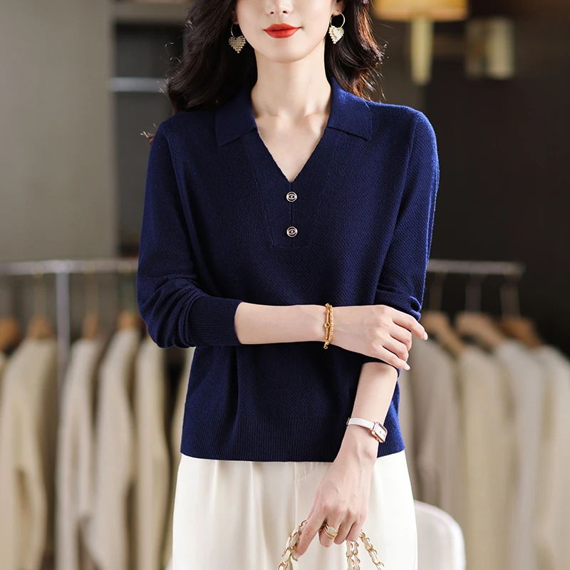 春秋新款翻领薄款针织衫上衣女时尚洋气宽松显瘦长袖打底针织衫