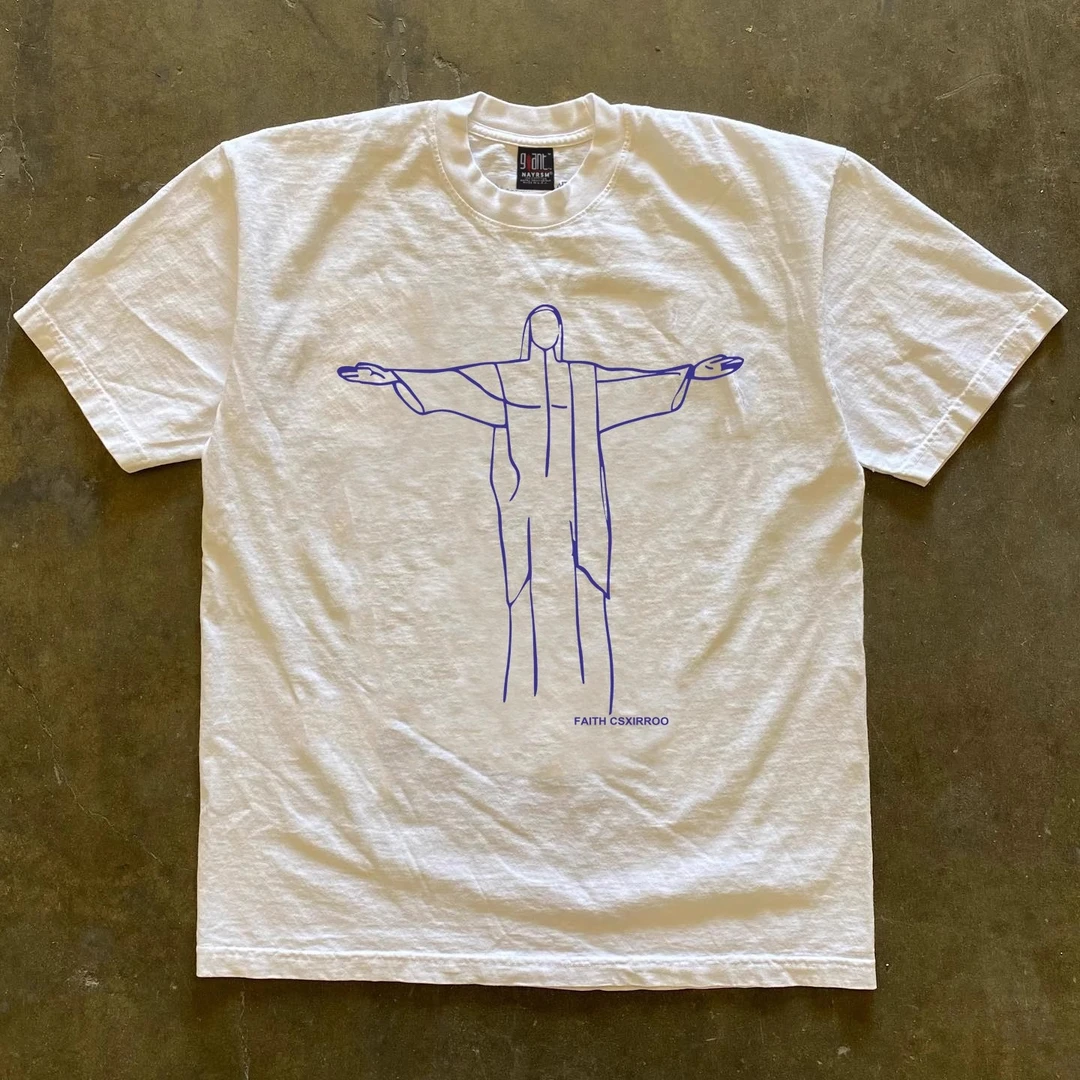 美式潮流耶稣十字架印花短袖男士夏季2025新款圆领宽松t恤纯棉tee