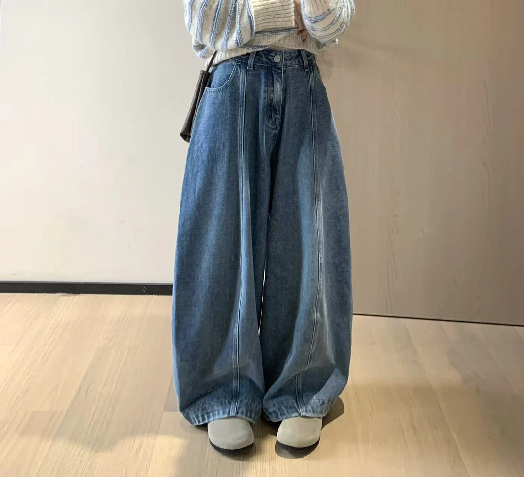 韩11复古蓝色阔腿弯刀牛仔裤女2025新款宽松百搭感休闲牛仔长裤