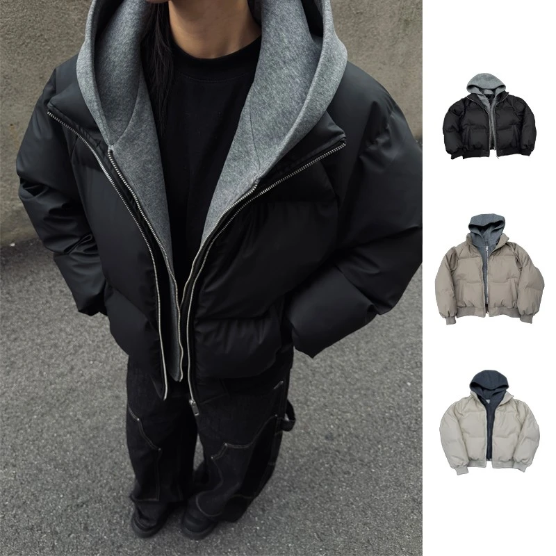 黑色cleanfit假两件连帽棉衣男冬季加厚保暖短款美式潮牌棉服外套