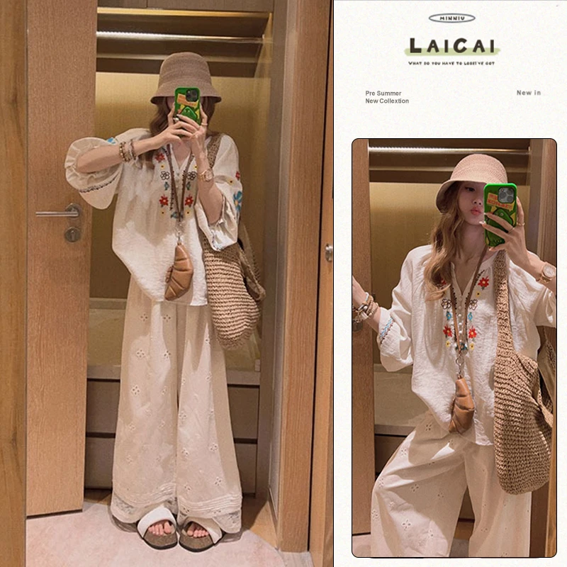 2025夏季新款重工刺绣波西米亚衬衫百搭高腰气质镂空阔腿裤两件套