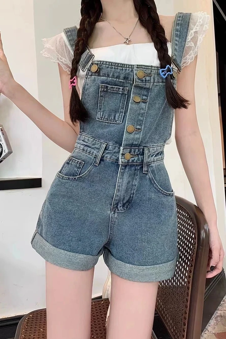 （2）新款气质减龄牛仔背带短款女宽松高腰显瘦阔腿背带裤女夏季