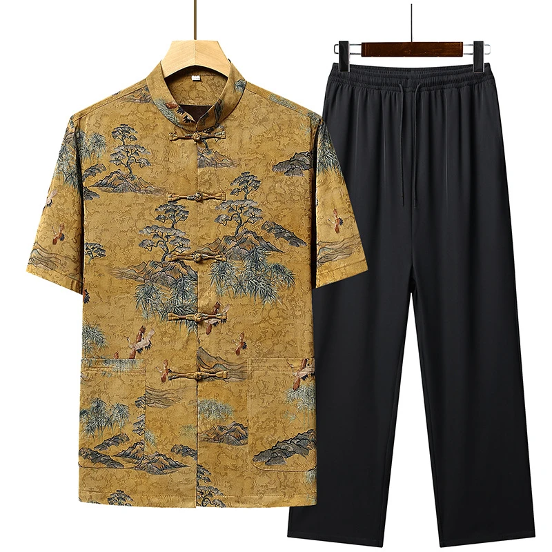 中老年唐装爸爸爷爷套装中国风夏季新款薄款休闲宽松老年人短袖