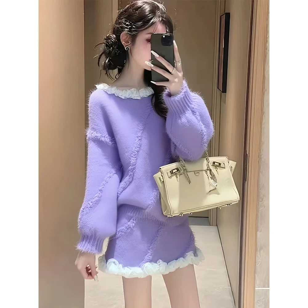 紫色花边毛衣套装女秋冬2025新款高级感韩系慵懒针织半身裙两件套
