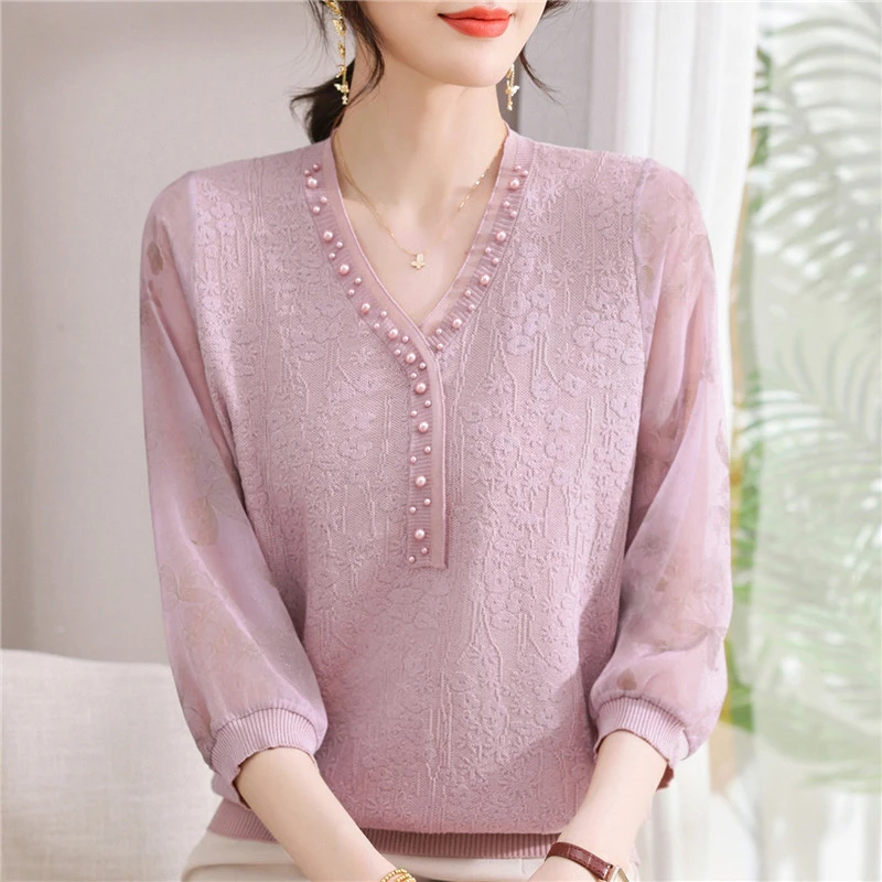 妈妈春夏装V领纱袖T恤减龄洋气上衣中老年人女夏季七分袖针织小衫