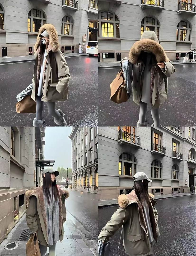 一件过冬美式复古休闲大毛领工装连帽加厚派克服流行时尚潮牌女装