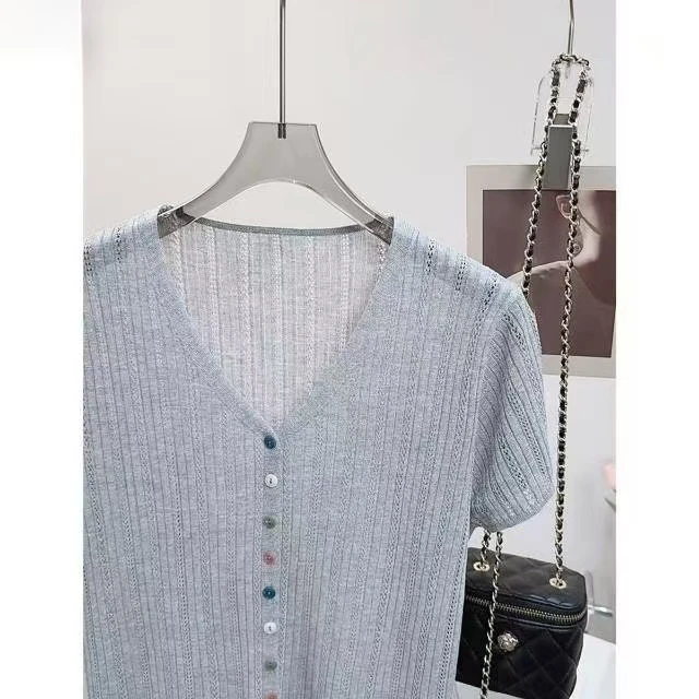 16针竹节~~【线下同款】-高定！短袖麦穗彩扣宽松夏季女针织衫