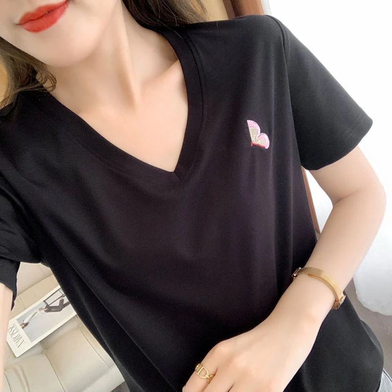 80支双面丝光棉t恤女圆领宽松显瘦新款夏季纯棉短袖打底正肩