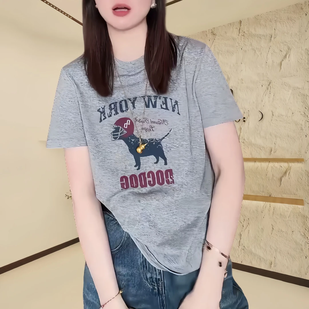 2025春季新款时尚小狗休闲宽松百搭圆领印花卡通短袖韩版T恤