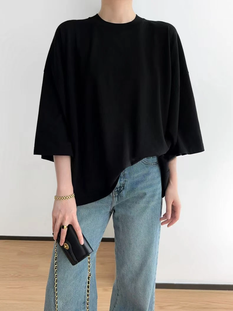 肯豆秀款【纸片人】五分袖宽松短袖圆领针织衫女2025新款JM-802