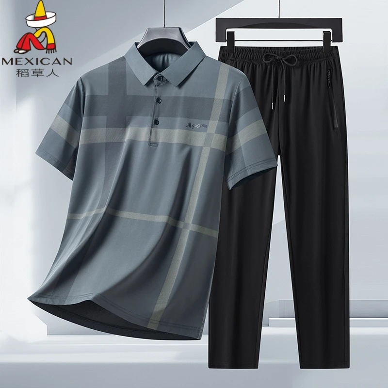 稻草人男爸爸夏季冰丝休闲运动套装男中老年大码t恤短袖长裤套装