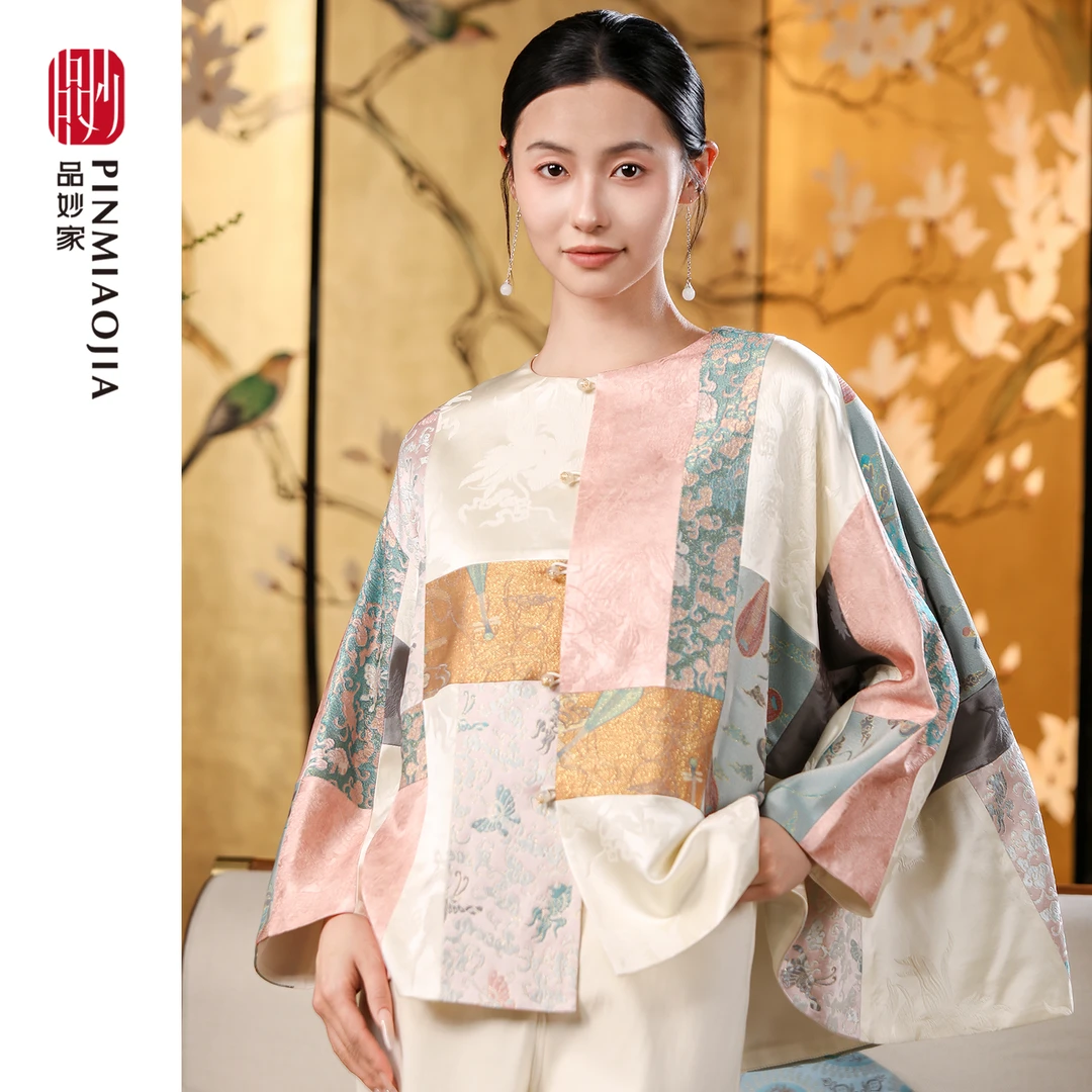 品妙家桑蚕丝羊毛单排扣植物花卉外套蝙蝠裳中式宽松古风休闲长袖