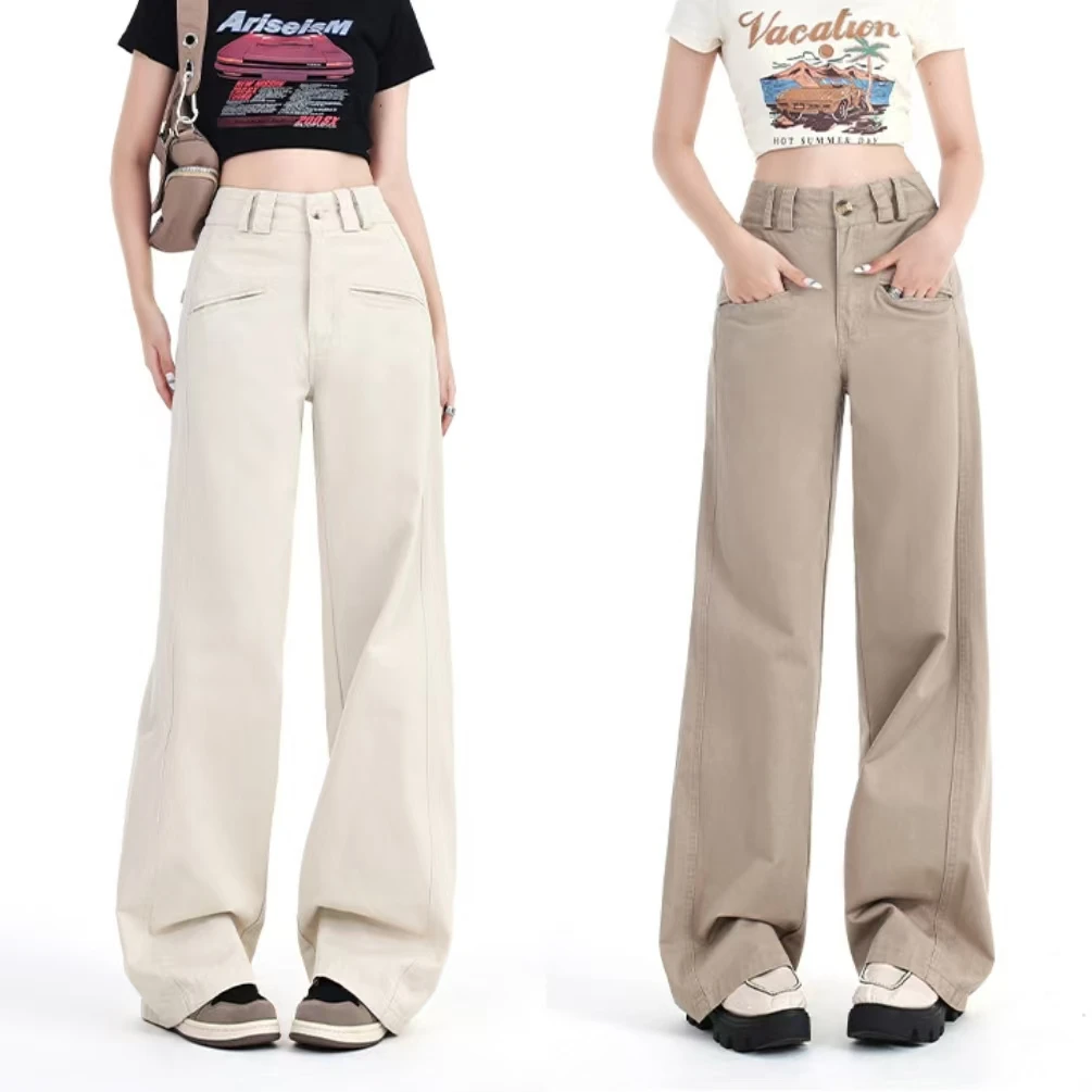 2025春季新款挺括显瘦 韩版高腰设计宽松休闲裤女象牙白小个子