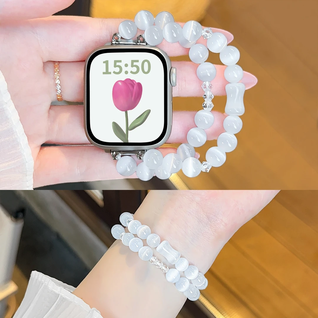 适用华为fit4手表表带4pro猫眼石水晶链fit3/2/1女款弹力串珠腕带