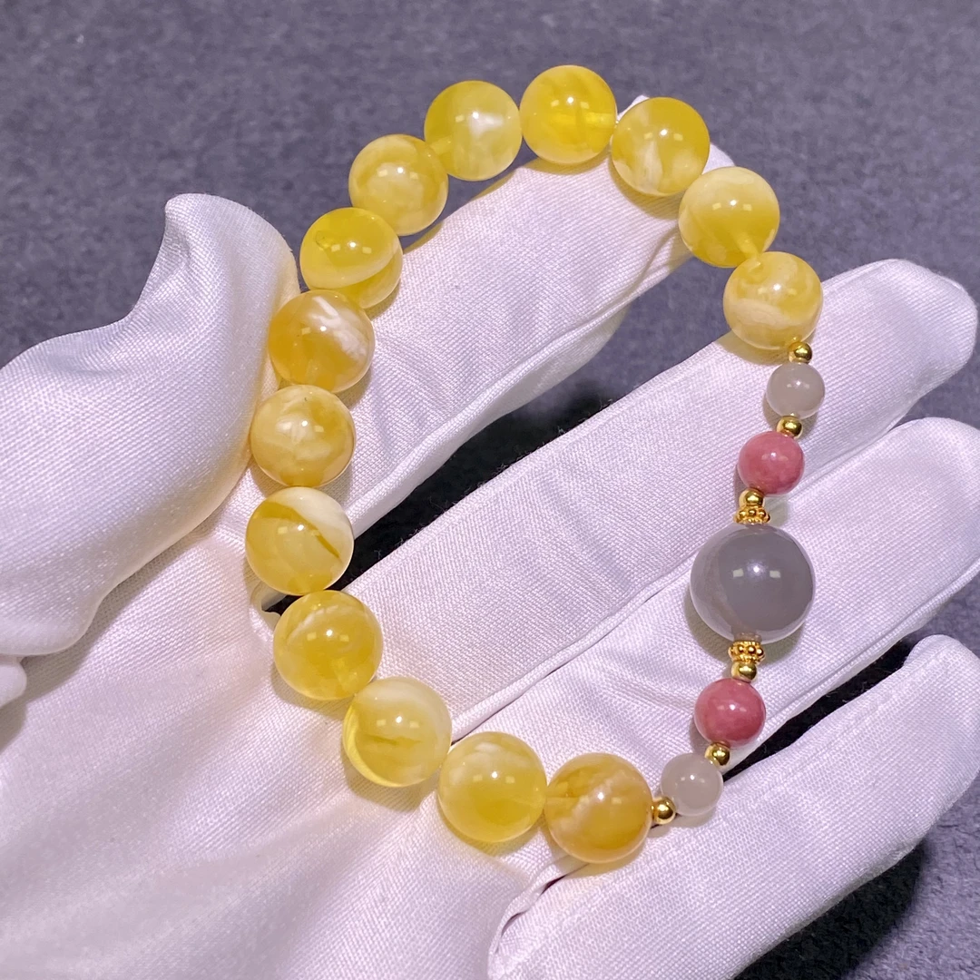 【亿轩珠宝】ZX121803金白单圈手串diy和田玉&蔷薇石10-12mm+