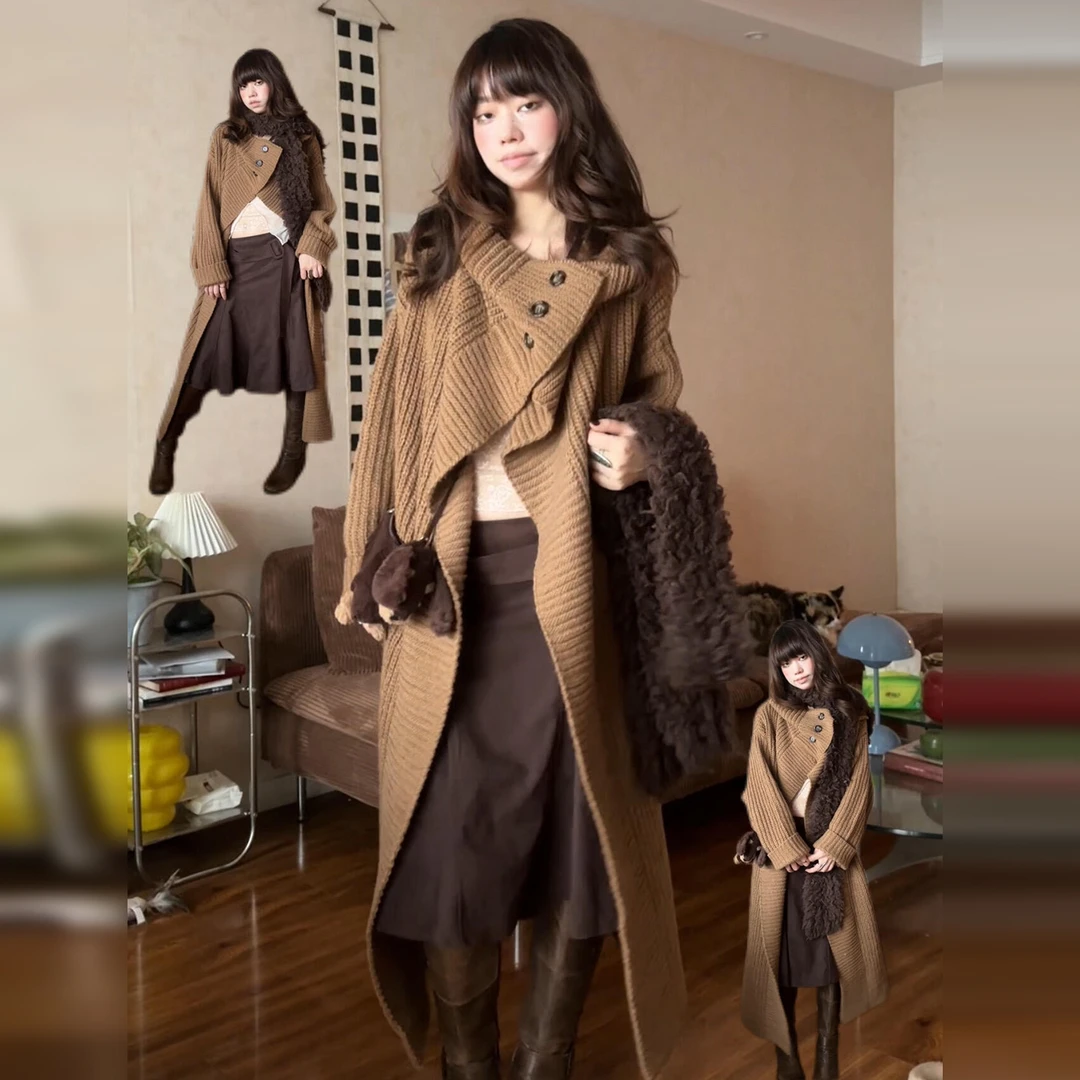 慵懒翻领毛衣小众炸街高级感女装2025秋冬季新款宽松加厚大衣外套