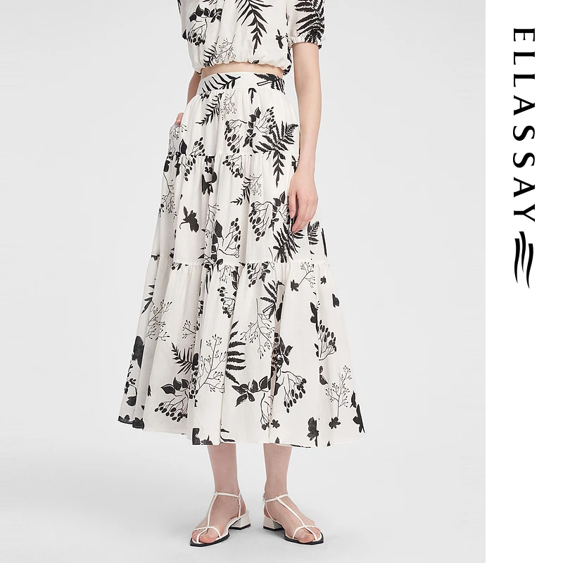 ELLASSAY歌力思夏款天丝亚麻印花新中式度假风半裙EWB352Q00400