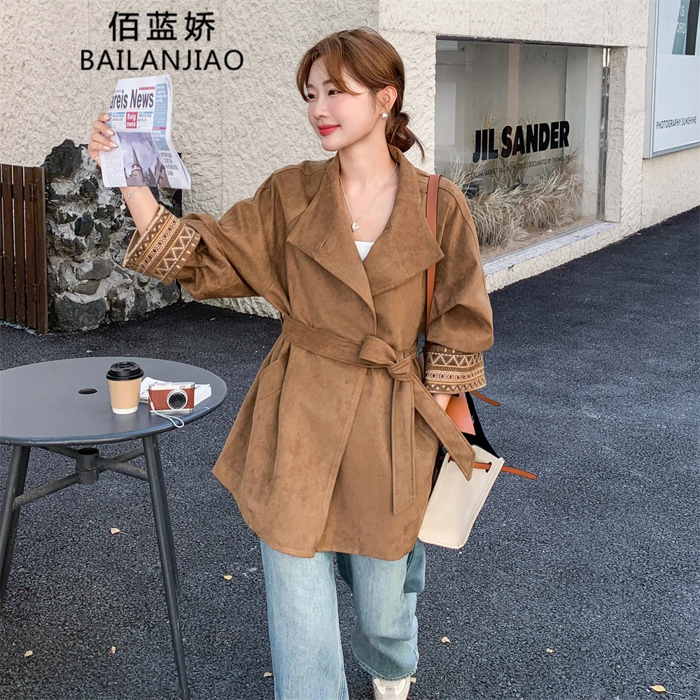 民族风刺绣麂皮绒风衣外套女2025冬季新款小个子收腰爆款大衣超火