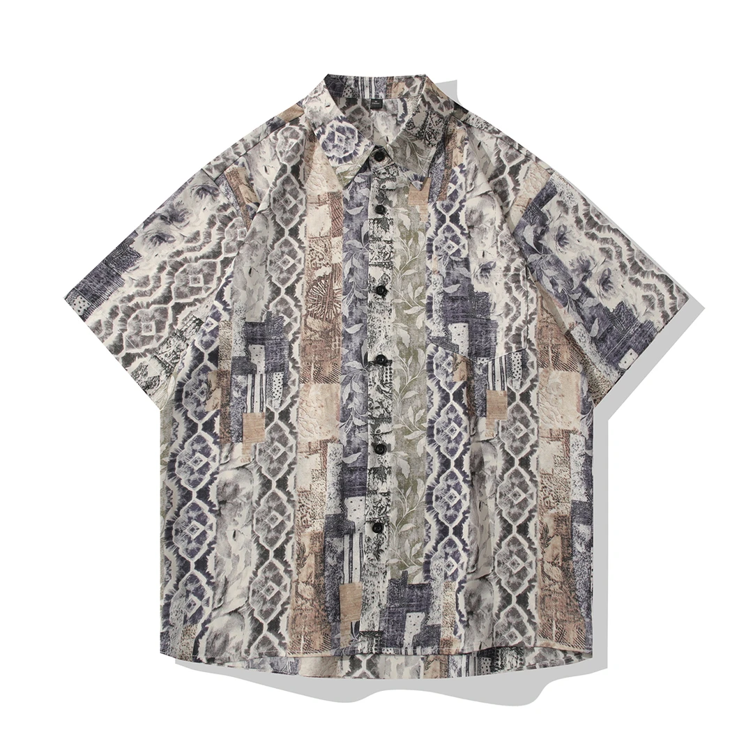 复古潮流满印花男装情侣宽松垂感冰丝衬衫夏季透气拼色高级感衬衣