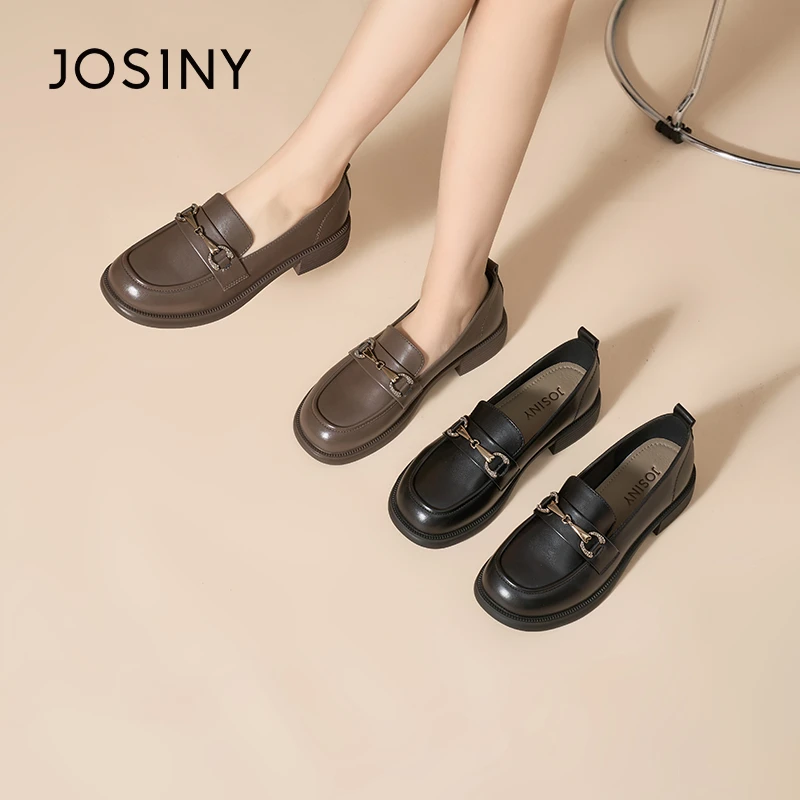 卓诗尼乐福鞋黑色复古女鞋圆头乐福鞋春季百搭一脚蹬懒人粗跟皮鞋