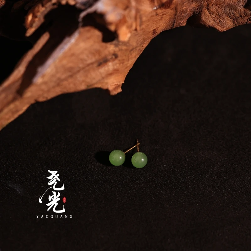 毓离丨18k金精品和田玉碧玉圆珠耳饰*无黑点珠宝