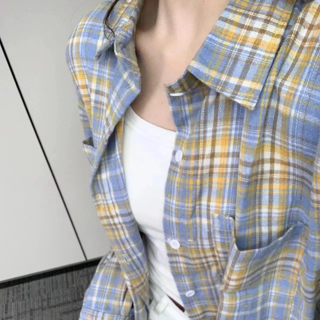 黄蓝格子衬衫女早秋磨毛上衣格纹衬衣男美式复古中性外套工厂批发