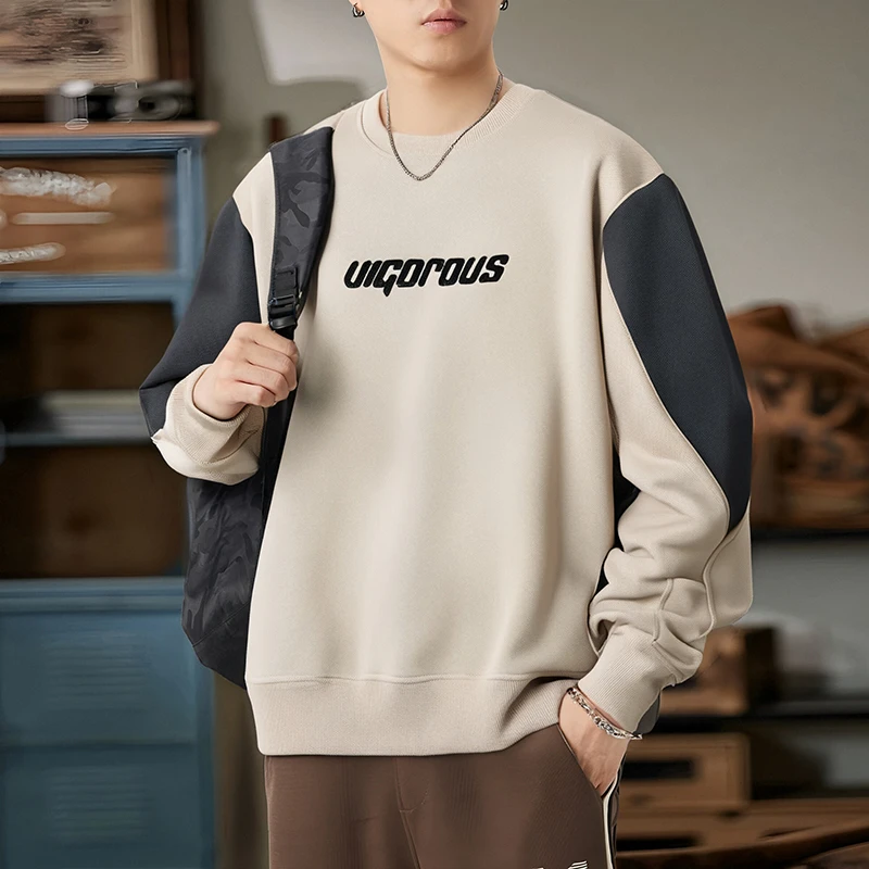 2025春秋季新款长袖加绒卫衣男保暖百搭宽松大码青少年T恤潮