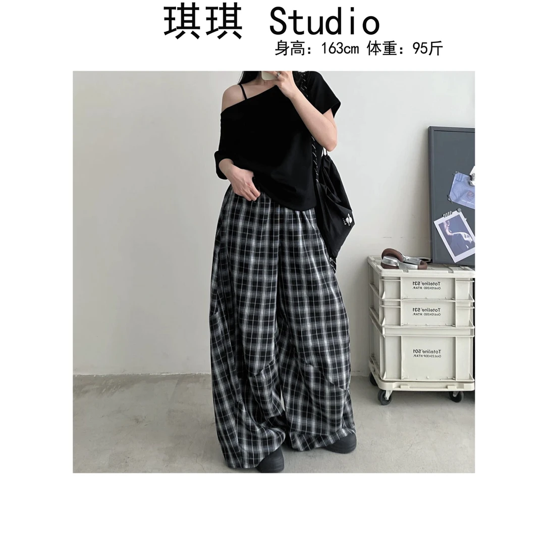 《琪琪家》夏季新款气质时尚松紧腰宽松显瘦减龄百搭格子裤5517-CS