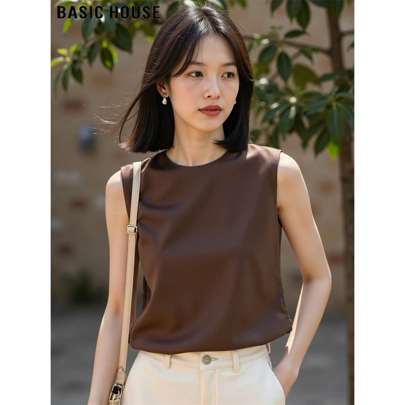 Basic House/百家好极简基础款莱赛尔天丝无袖T恤女夏季圆领背心