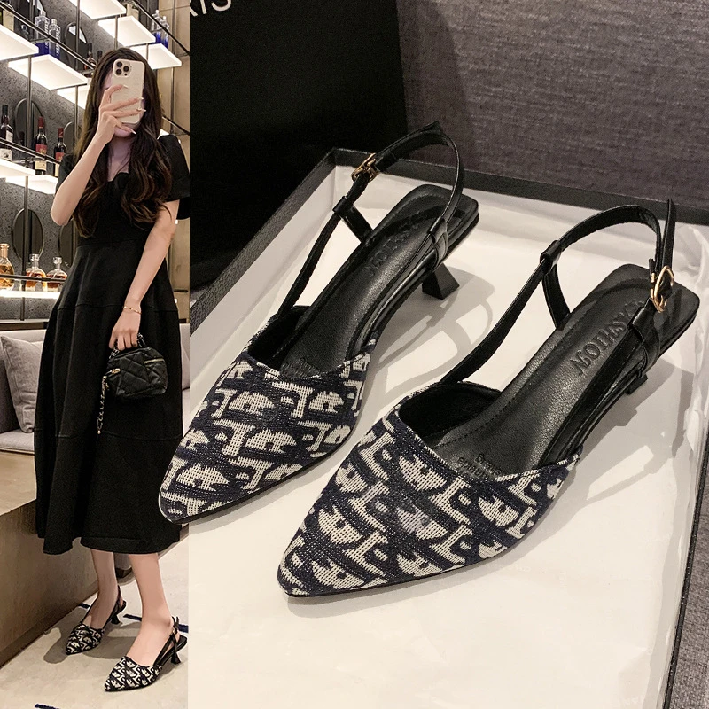 尖头后空高跟鞋女2025新款百搭细跟复古单鞋小香风中跟包头凉鞋女