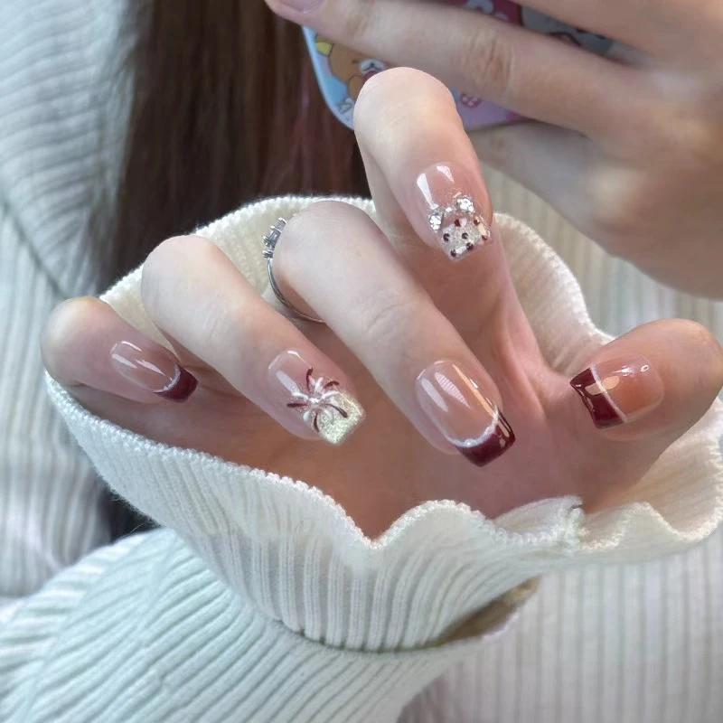 【新年快乐】酒红法式裸色渐变风喜庆新年氛围纯手工穿戴甲