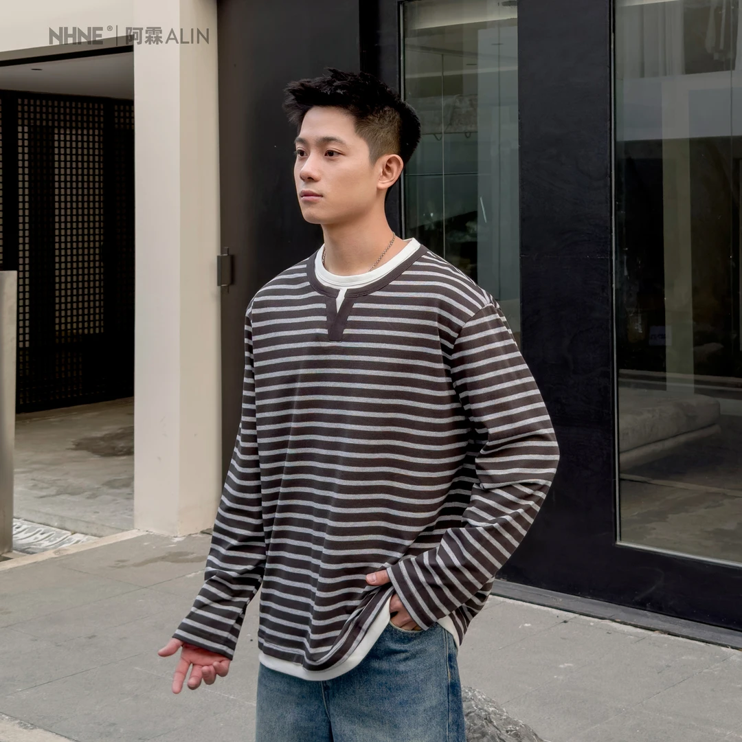 【阿霖ALIN】多色系假两件V领条纹拼接款春季休闲慵懒情侣长袖T恤