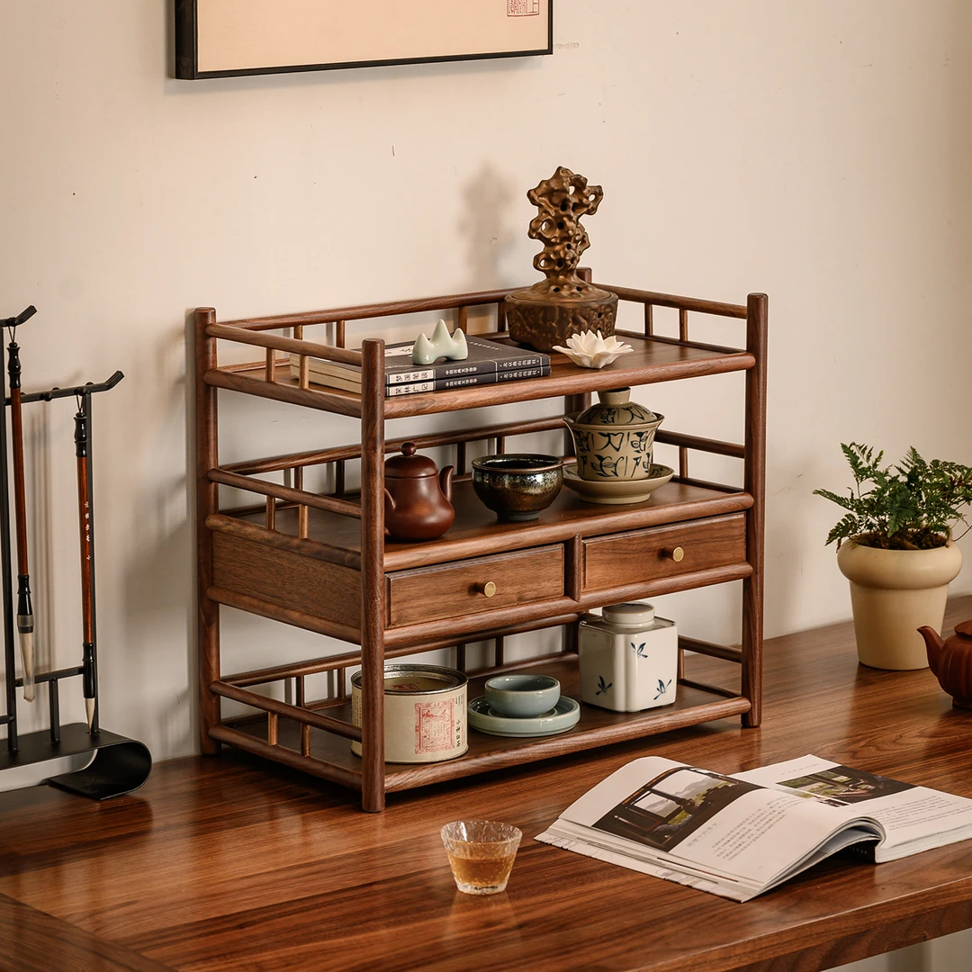 北美黑胡桃木桌面博古架茶具茶杯置物架中式摆件茶壶实木收纳架子